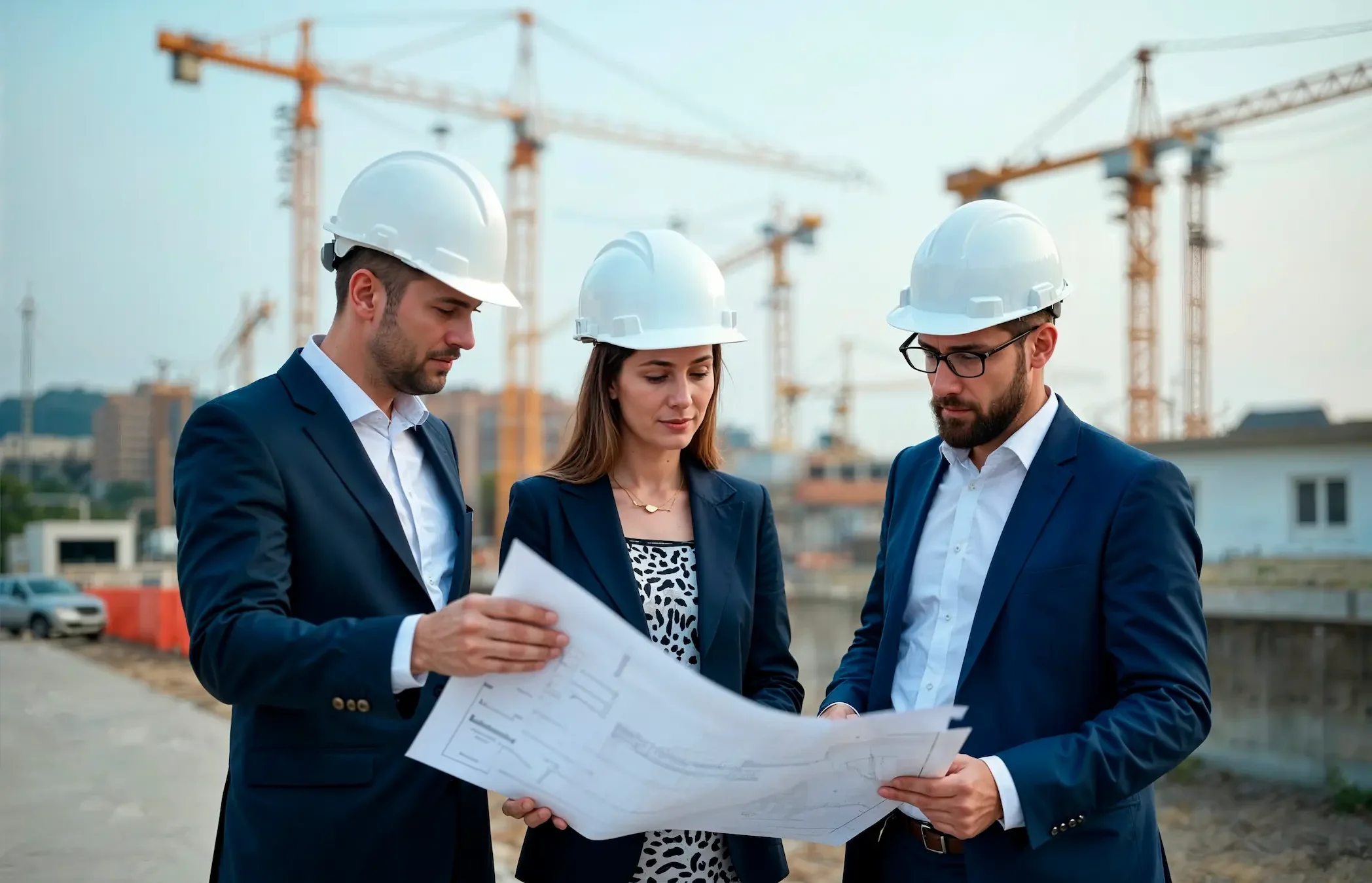 Ingenieros de construcción revisando planos para proyectos con equipos de inyección y soldadores de waterstop Herrcont