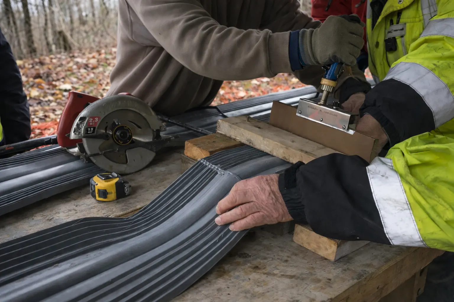 Obreros soldando waterstop PVC con splicing iron en trabajos de impermeabilización