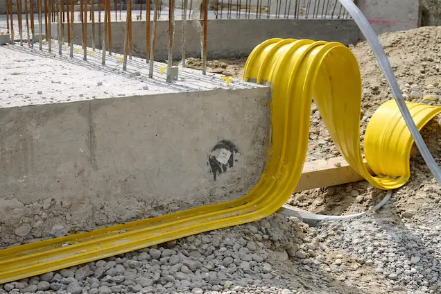 Waterstop de PVC amarillo instalado en juntas de concreto para impermeabilización