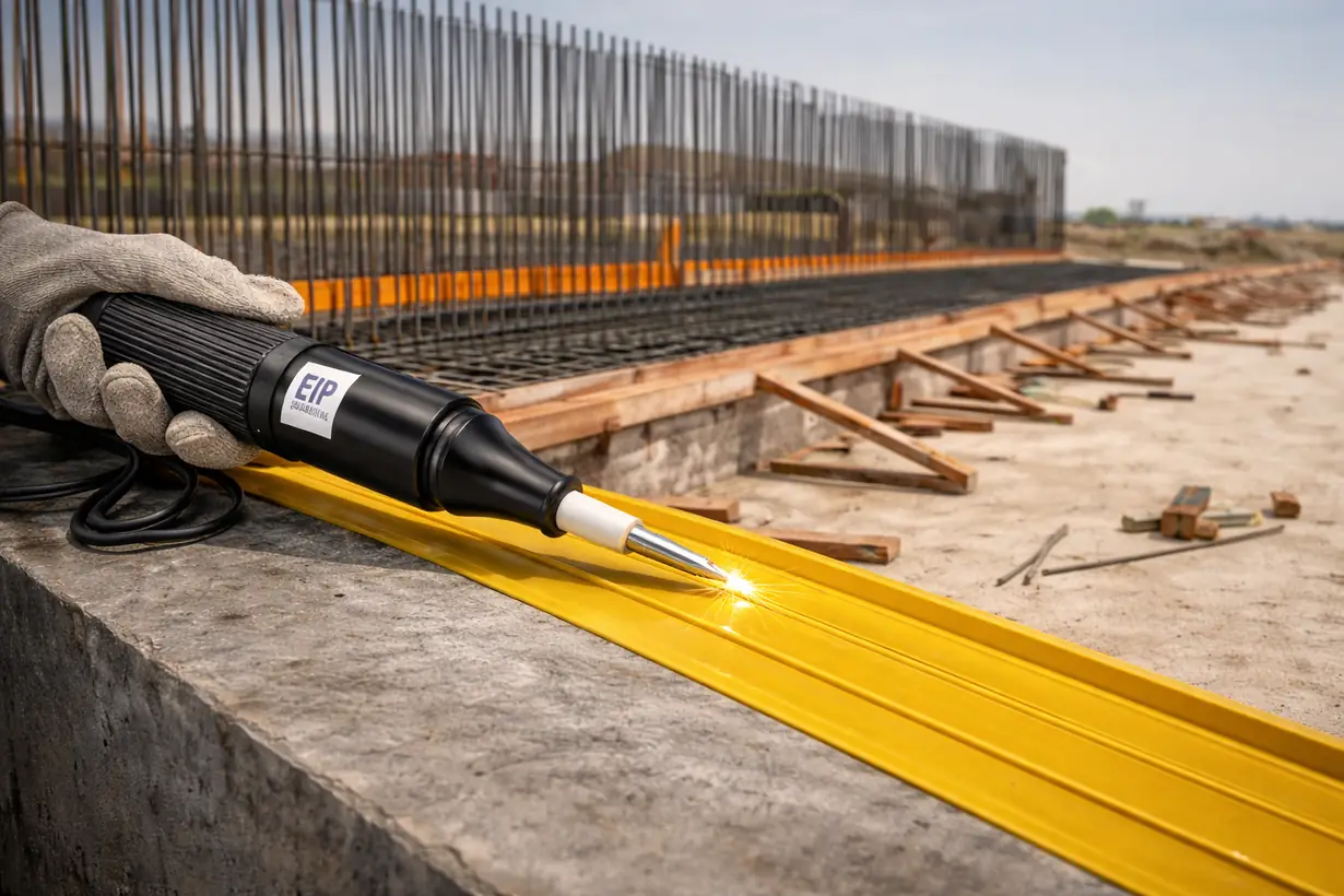 Soldadura de waterstop PVC en obra antes del vaciado de concreto con equipo térmico