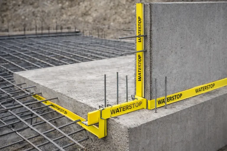 Instalación de Waterstop PVC en junta de concreto entre losa y muro