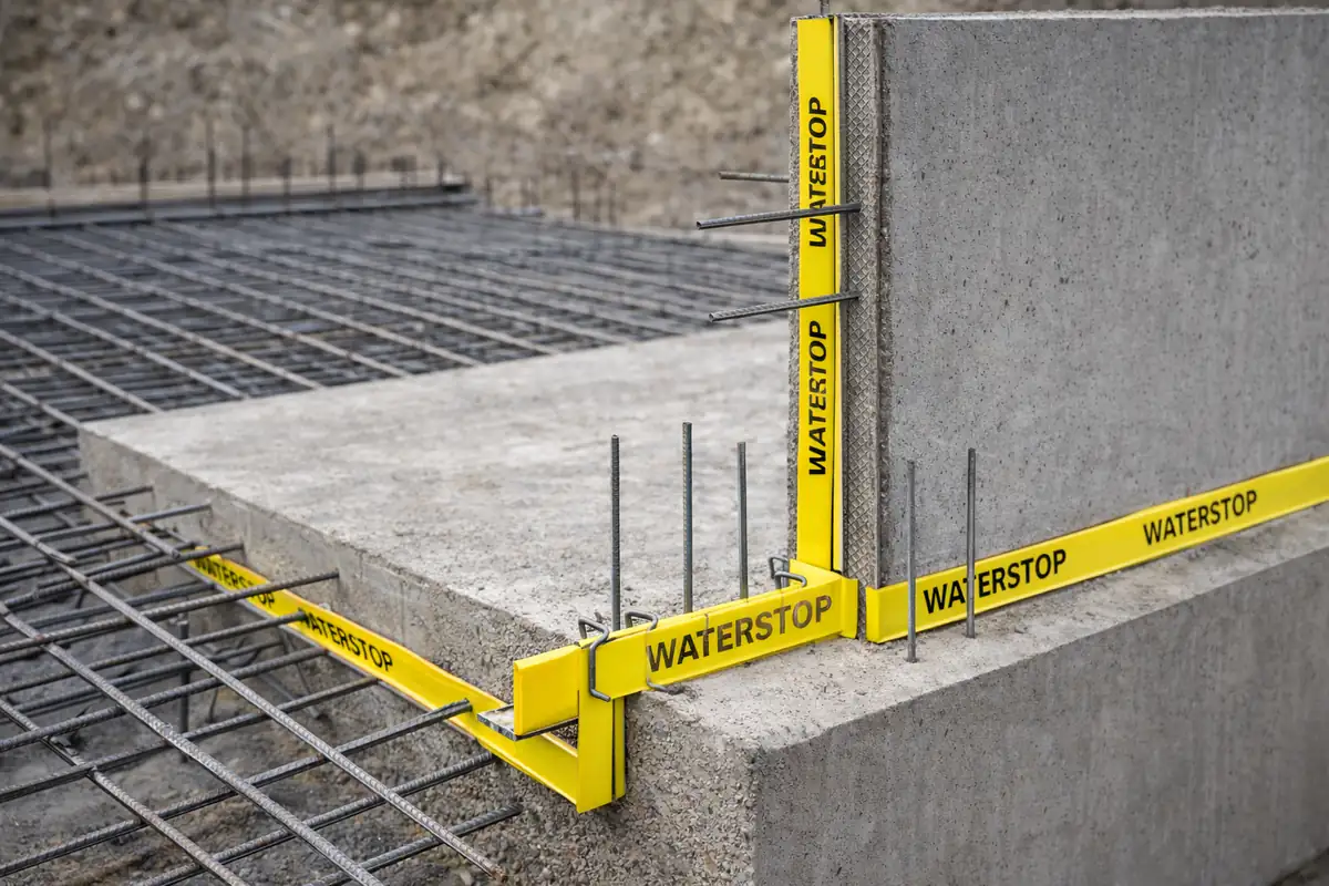 Instalación de Waterstop PVC en junta de concreto entre losa y muro