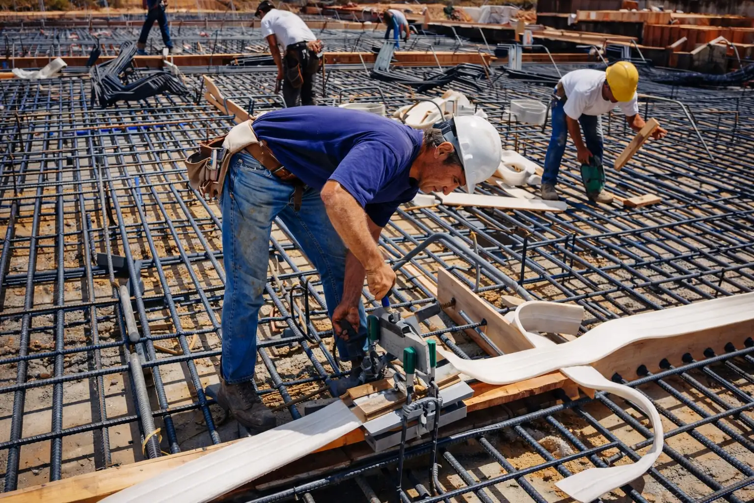 Obreros usando el splicing iron para soldar waterstop PVC en obra