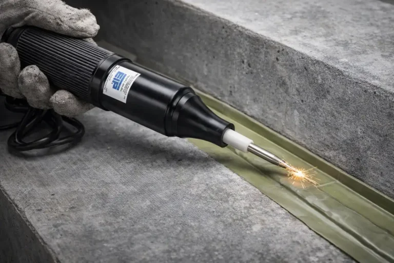 Prueba con spark tester para verificar la soldadura de waterstop PVC en juntas de concreto