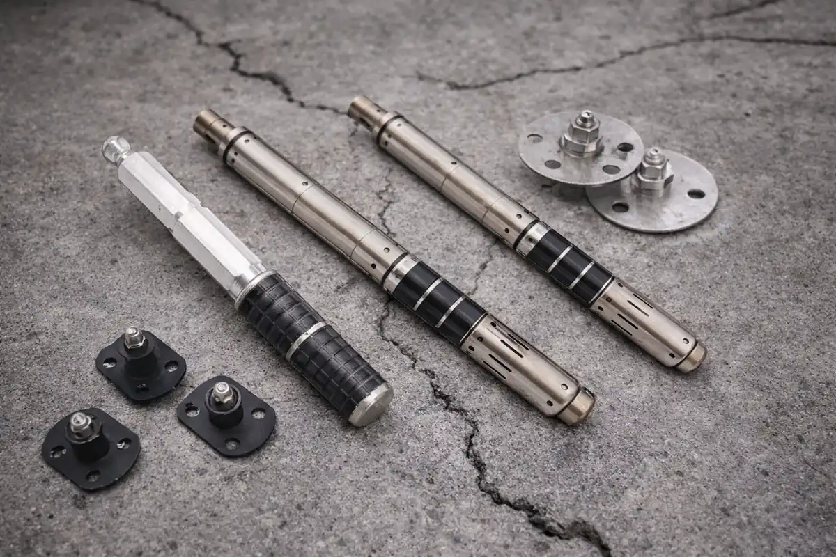 Tipos de packers para inyección de resinas utilizados en fisuras de concreto.