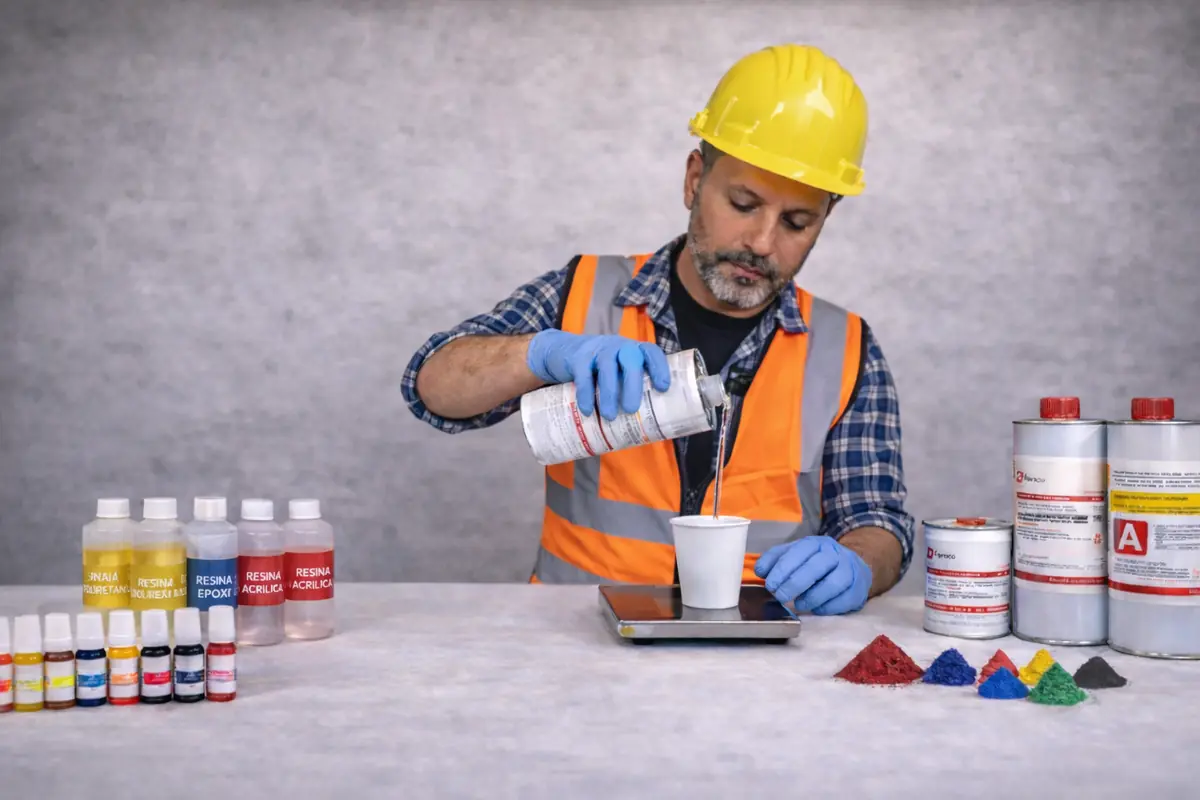 Trabajador de la construcción preparando resinas para inyección en concreto con equipo de inyección